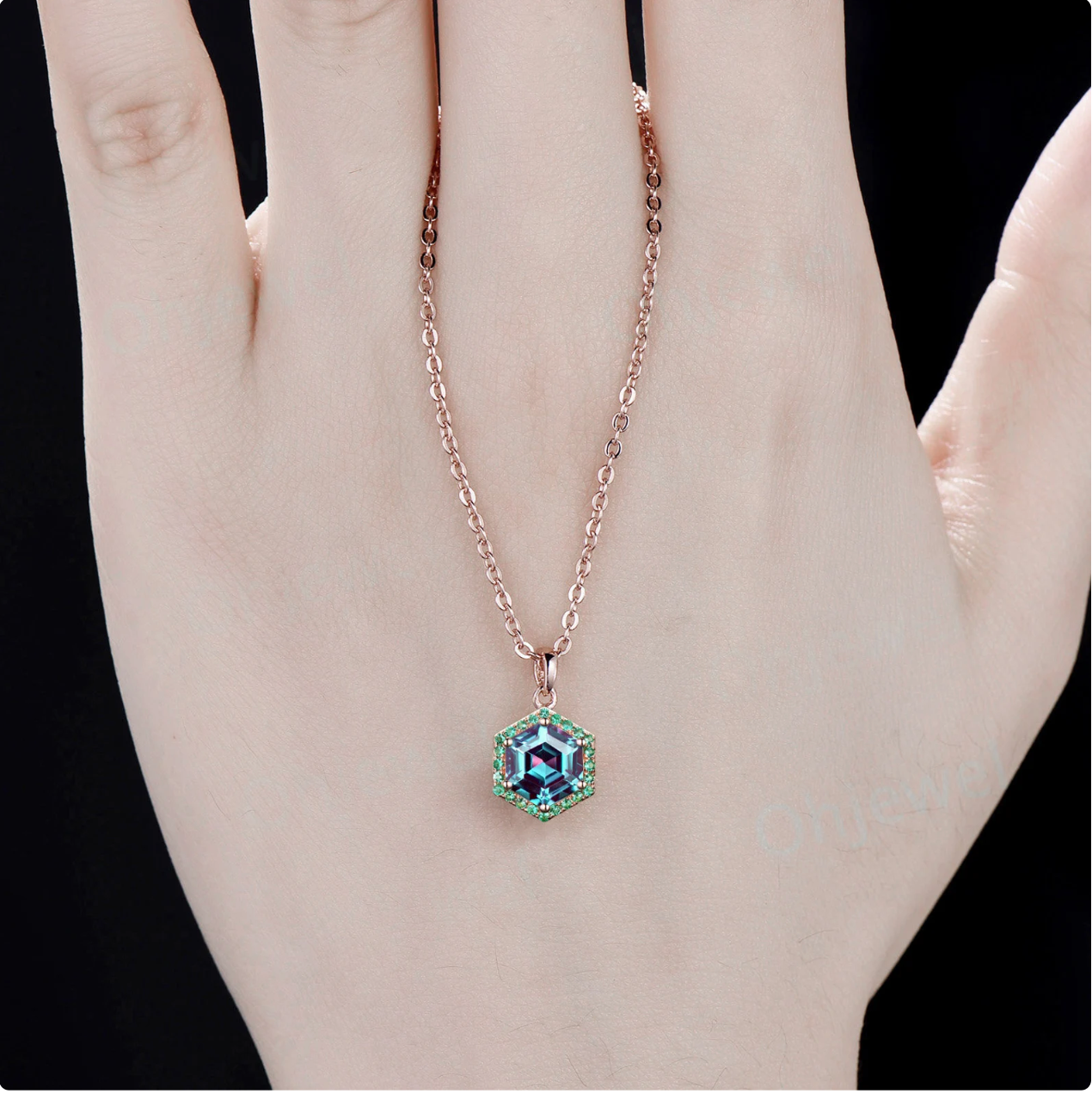 Hexagon cut Alexandrite necklace dainty halo emerald unique necklace Pendant for women June birthstone 14k rose gold jewelry gift