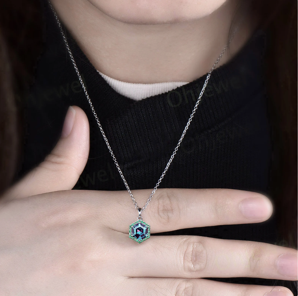 Hexagon cut Alexandrite necklace dainty halo emerald unique necklace Pendant for women June birthstone 14k rose gold jewelry gift