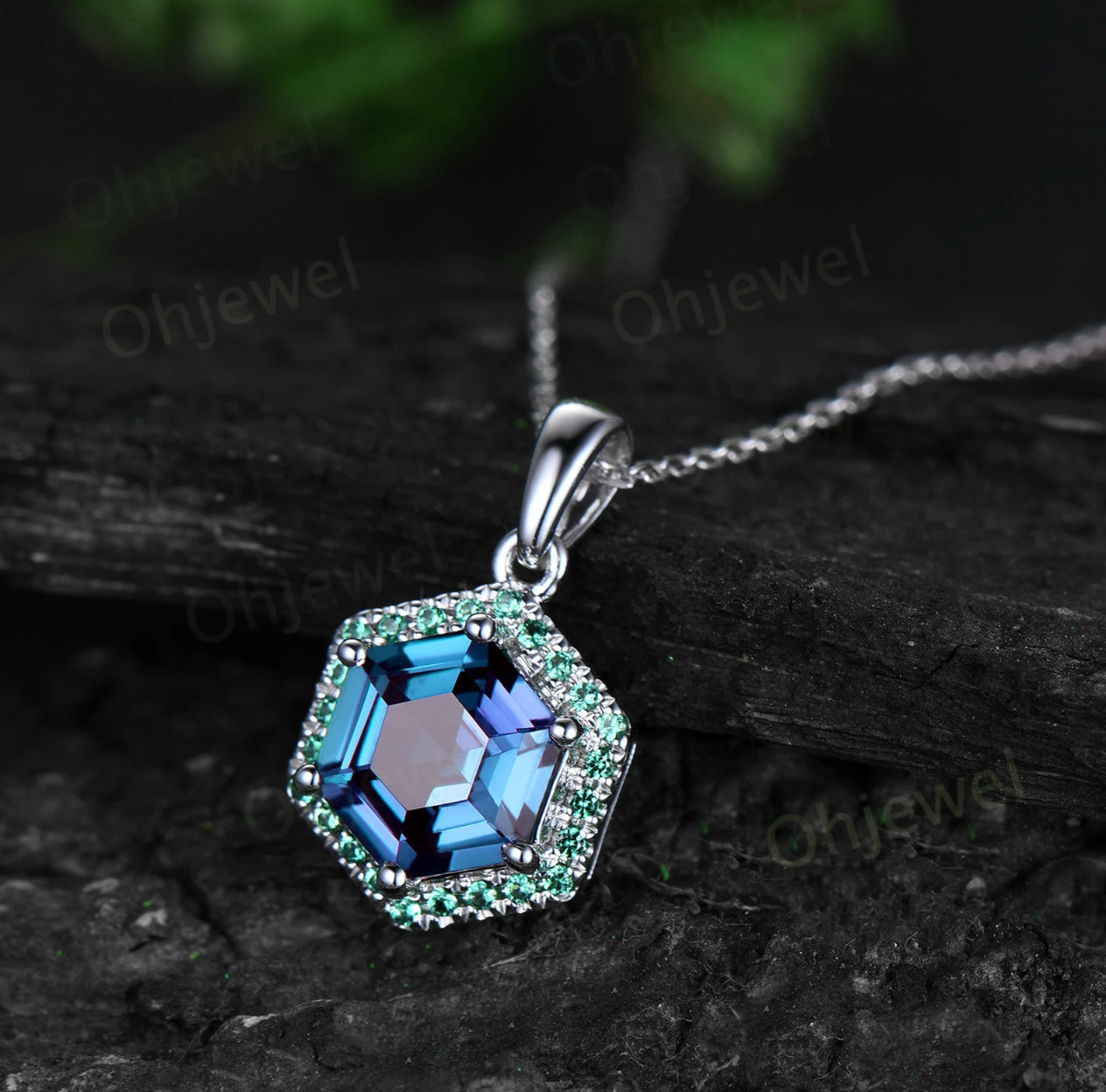 Hexagon cut Alexandrite necklace dainty halo emerald unique necklace Pendant for women June birthstone 14k rose gold jewelry gift