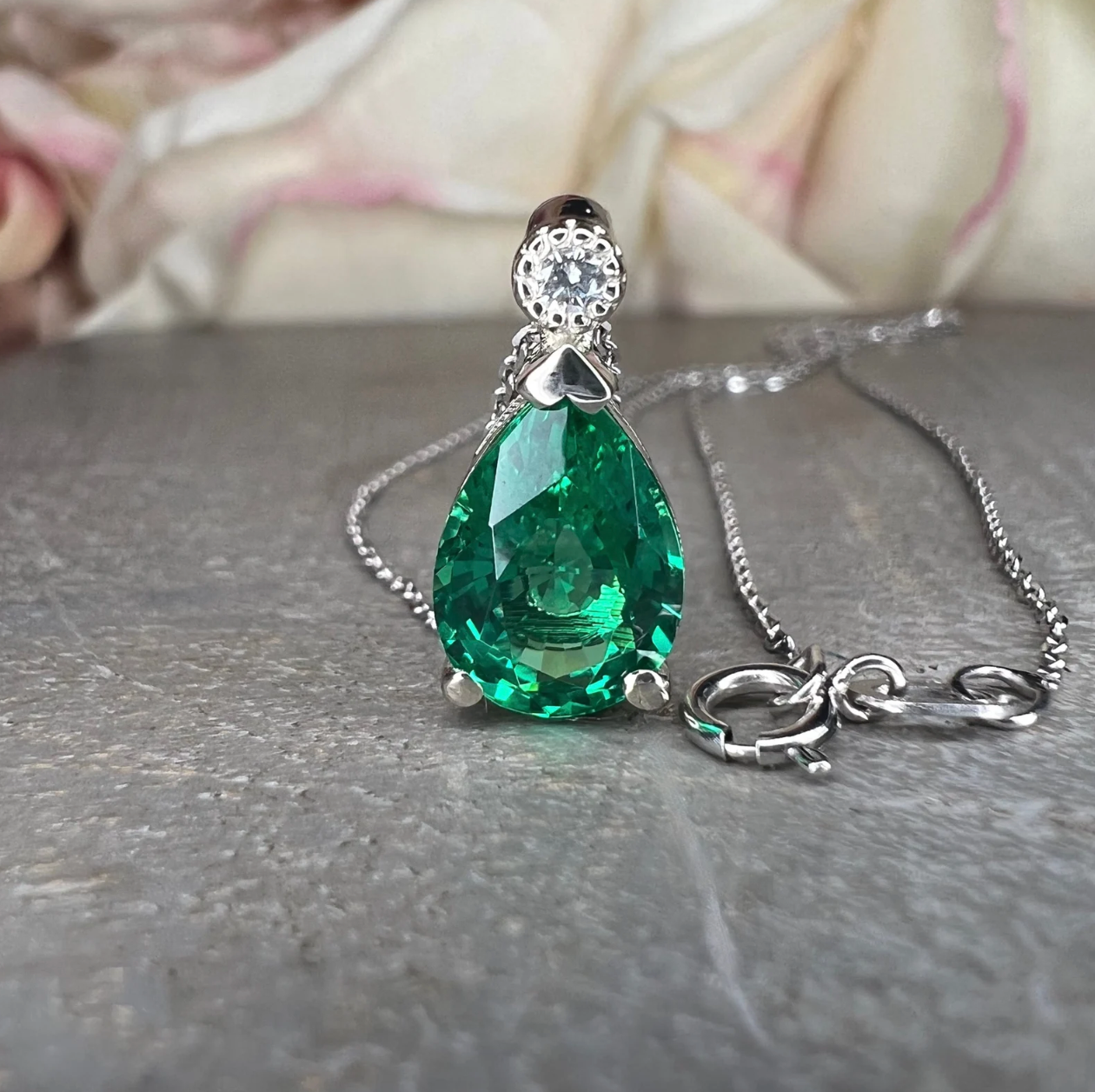 Emerald Pendant Necklace, May Birthstone Necklace, Green Emerald Necklace, 14K White Gold, Pear Cut, Dainty Necklace, Gift For Her, #6692