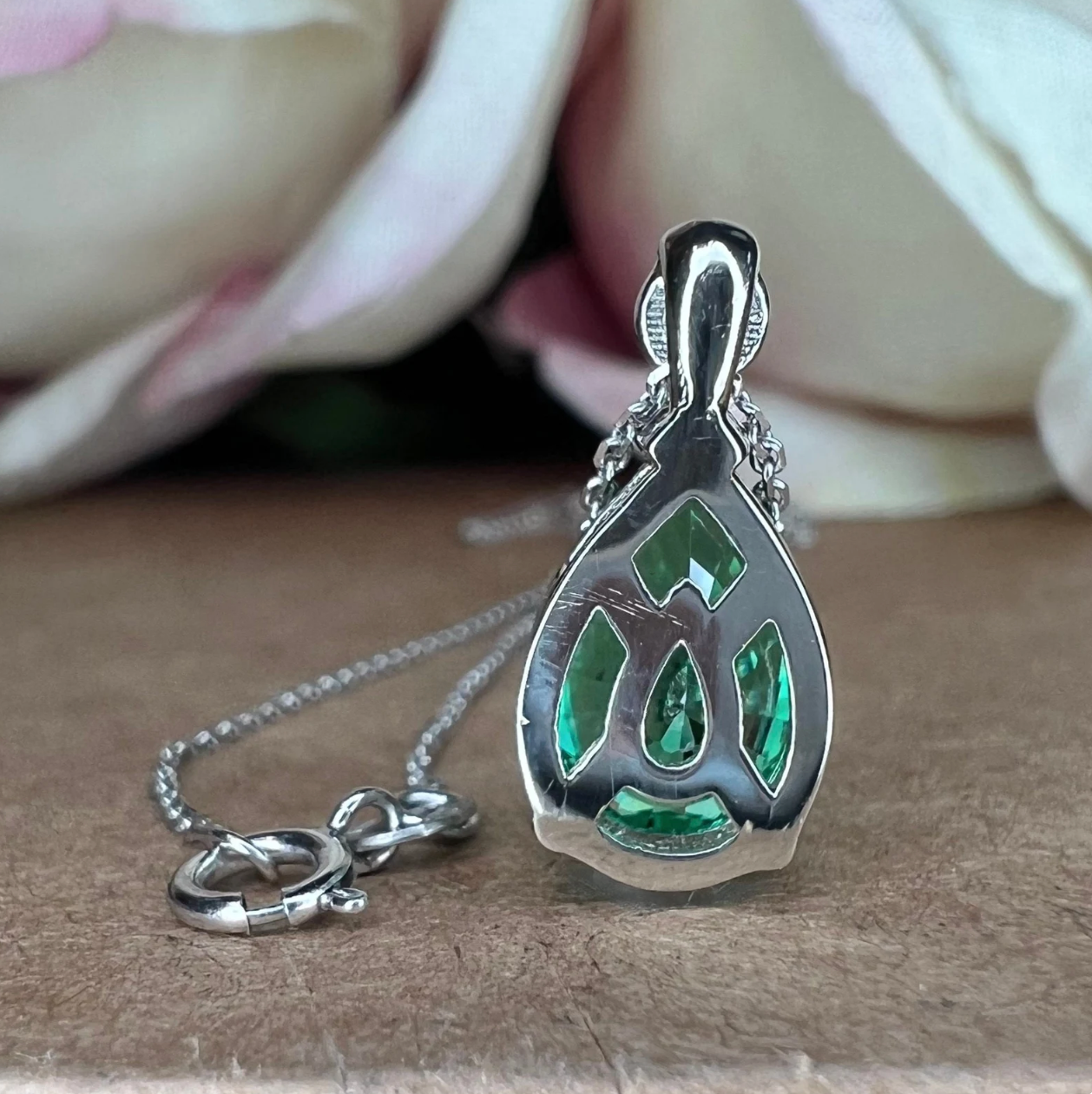 Emerald Pendant Necklace, May Birthstone Necklace, Green Emerald Necklace, 14K White Gold, Pear Cut, Dainty Necklace, Gift For Her, #6692