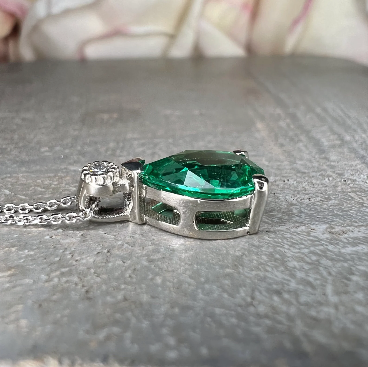 Emerald Pendant Necklace, May Birthstone Necklace, Green Emerald Necklace, 14K White Gold, Pear Cut, Dainty Necklace, Gift For Her, #6692
