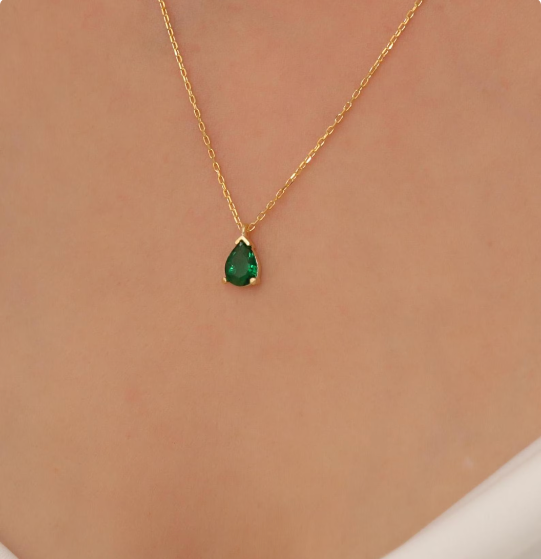 Dainty Pear Emerald Necklace Earrings Jewelry Set Green Emerald Choker Pave Diamond Emerald Earrings Jewelry Gift For Her May Birthstone