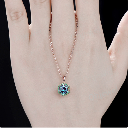 Hexagon cut Alexandrite necklace dainty halo emerald unique necklace Pendant for women June birthstone 14k rose gold jewelry gift