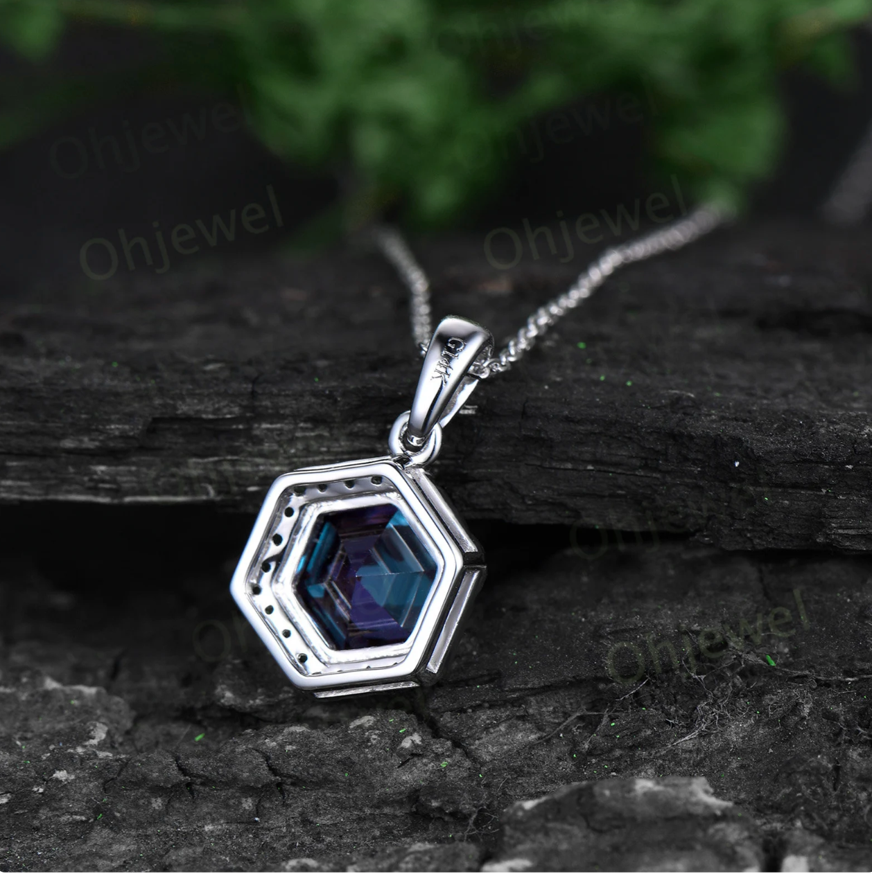 Hexagon cut Alexandrite necklace dainty halo emerald unique necklace Pendant for women June birthstone 14k rose gold jewelry gift