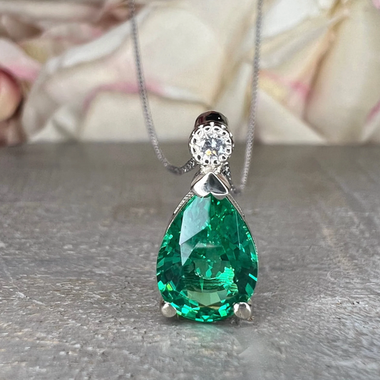 Emerald Pendant Necklace, May Birthstone Necklace, Green Emerald Necklace, 14K White Gold, Pear Cut, Dainty Necklace, Gift For Her, #6692