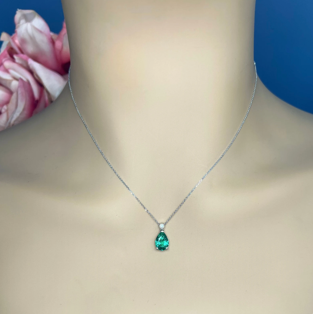 Emerald Pendant Necklace, May Birthstone Necklace, Green Emerald Necklace, 14K White Gold, Pear Cut, Dainty Necklace, Gift For Her, #6692