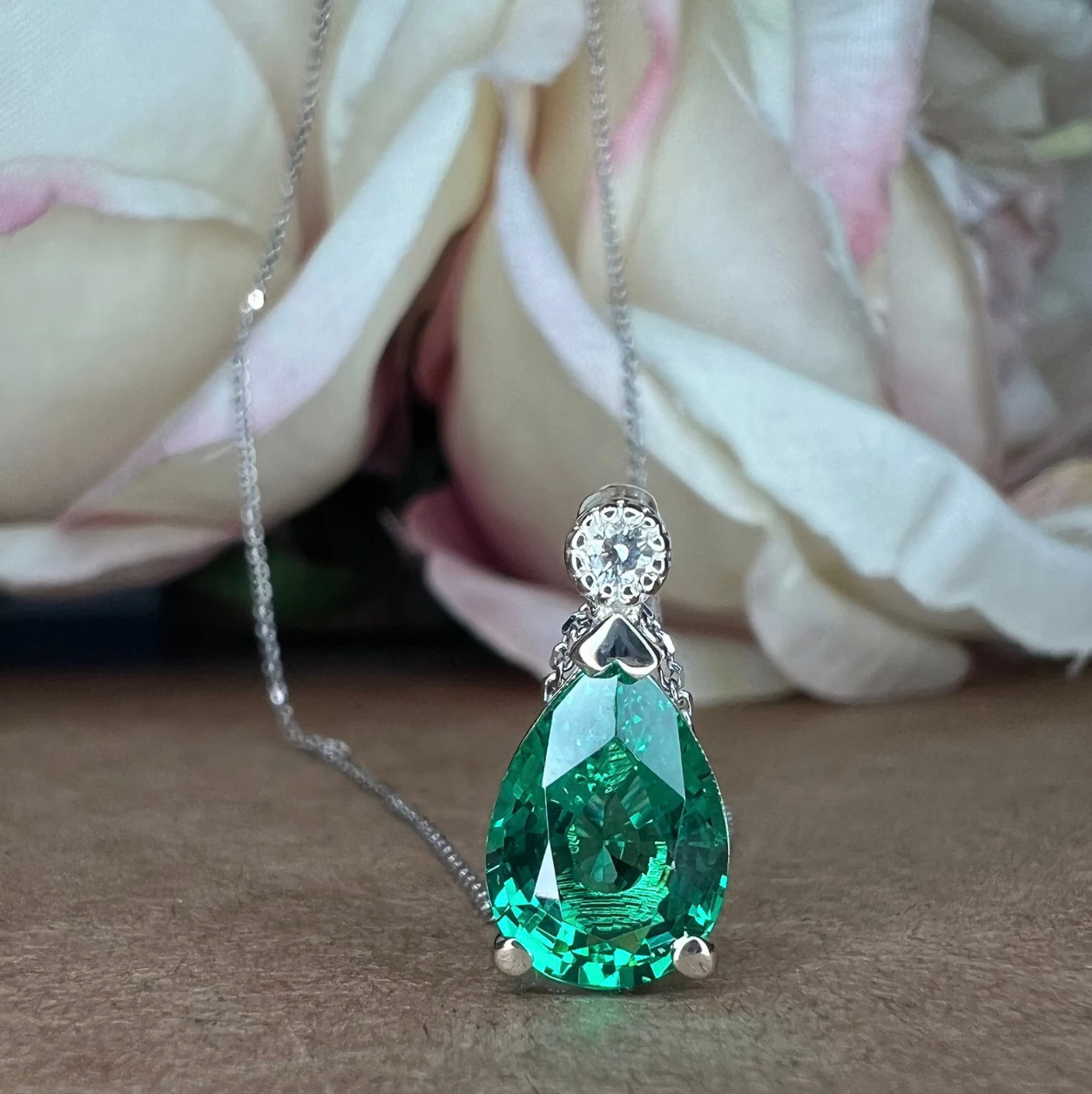 Emerald Pendant Necklace, May Birthstone Necklace, Green Emerald Necklace, 14K White Gold, Pear Cut, Dainty Necklace, Gift For Her, #6692