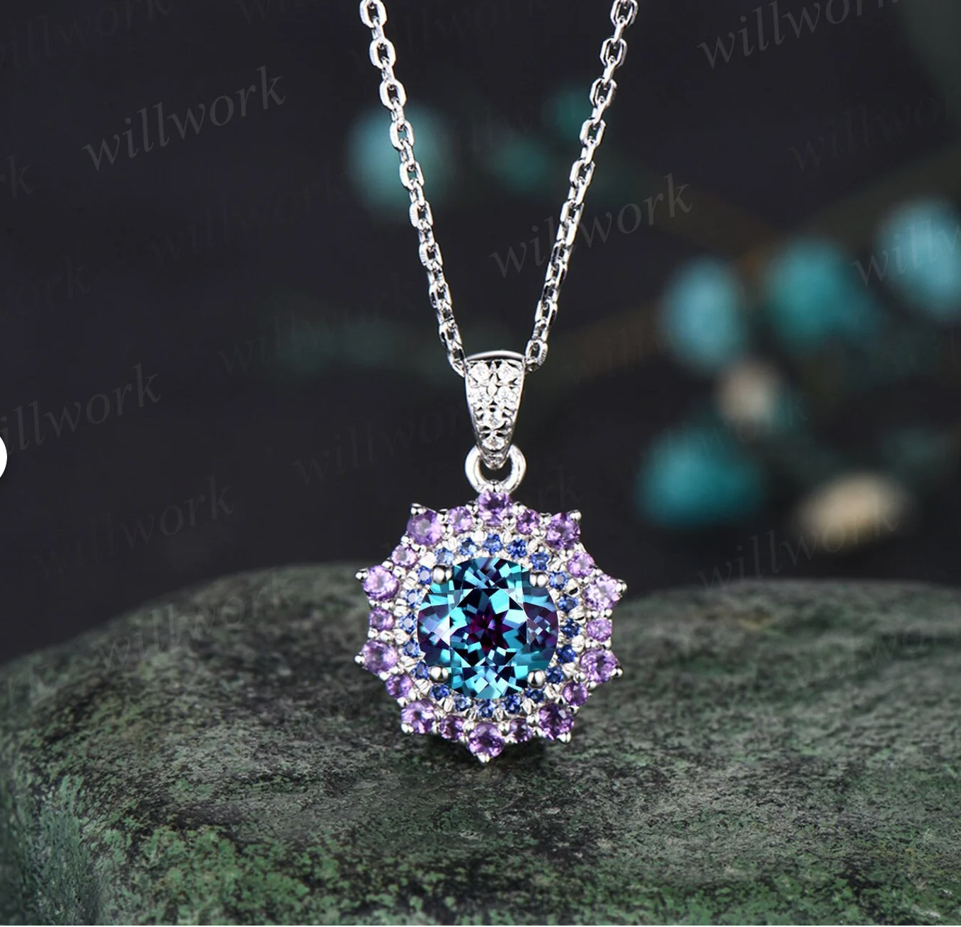 1ct round cut alexandrite necklace white gold snowdrift double halo sapphire amethyst pendant women color change gemstone anniversary gift