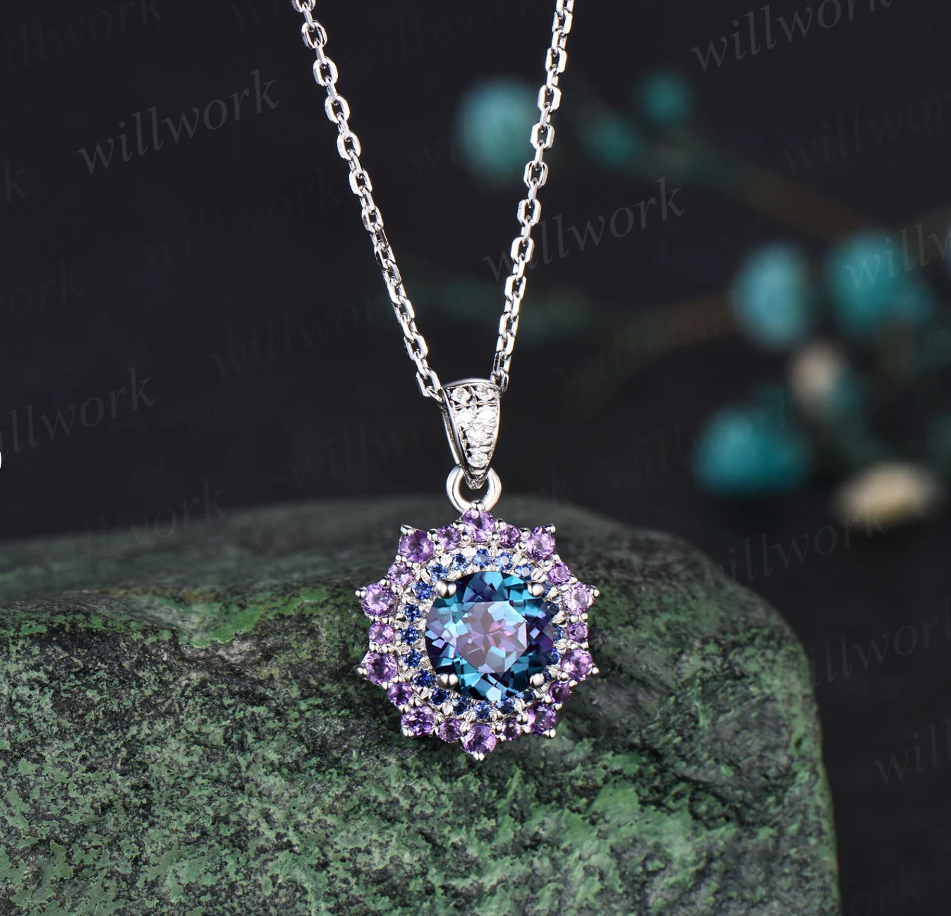 1ct round cut alexandrite necklace white gold snowdrift double halo sapphire amethyst pendant women color change gemstone anniversary gift
