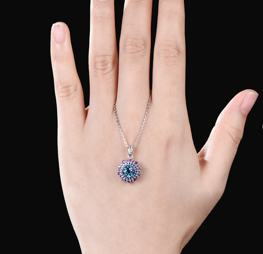 1ct round cut alexandrite necklace white gold snowdrift double halo sapphire amethyst pendant women color change gemstone anniversary gift