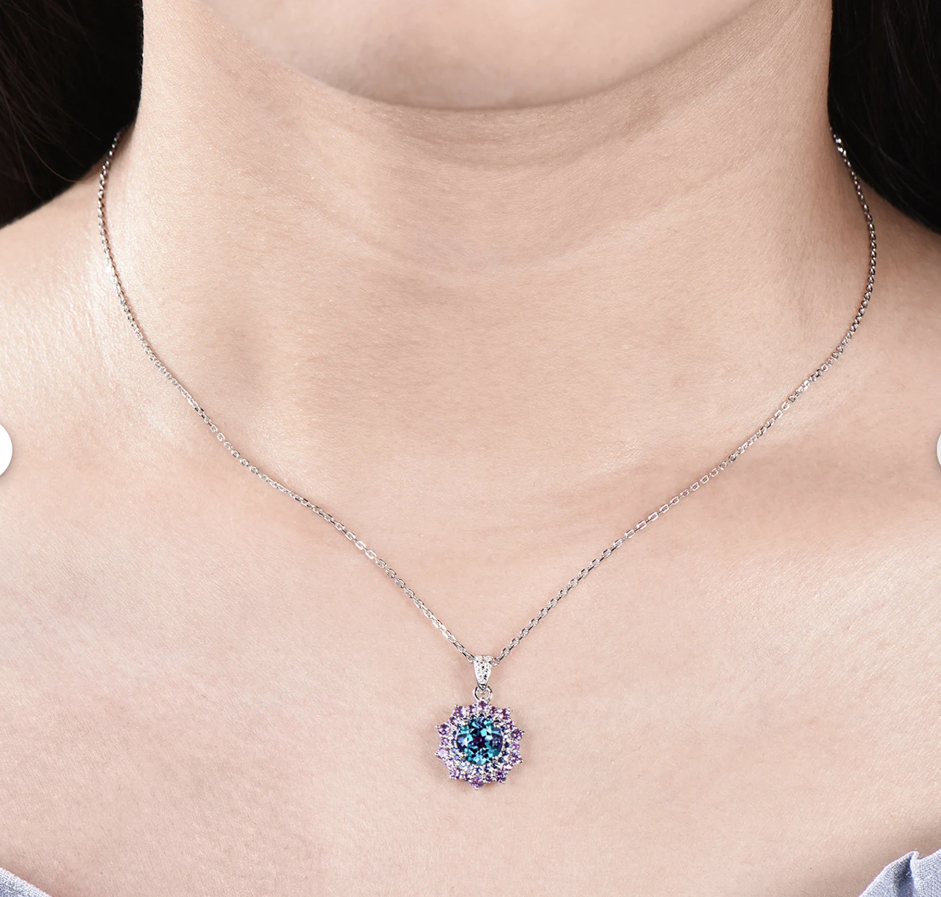 1ct round cut alexandrite necklace white gold snowdrift double halo sapphire amethyst pendant women color change gemstone anniversary gift